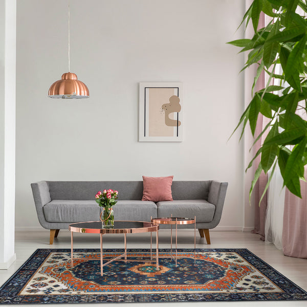 Flash Deal Extra Large Floor Rug Sapphire Blue Orange Beautiful Vintage Plush Carpet Machine Washable