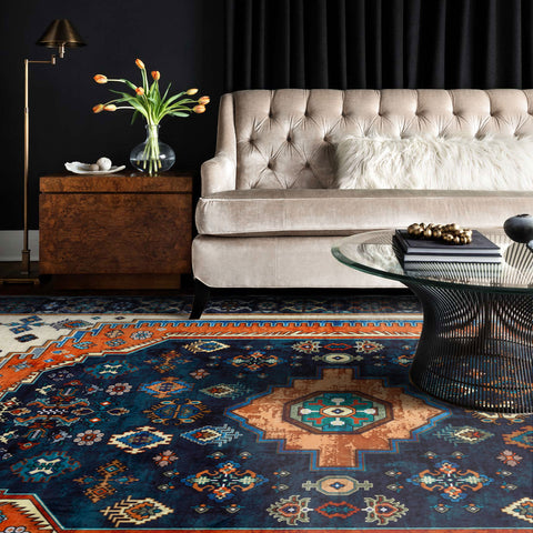 Flash Deal Extra Large Floor Rug Sapphire Blue Orange Beautiful Vintage Plush Carpet Machine Washable