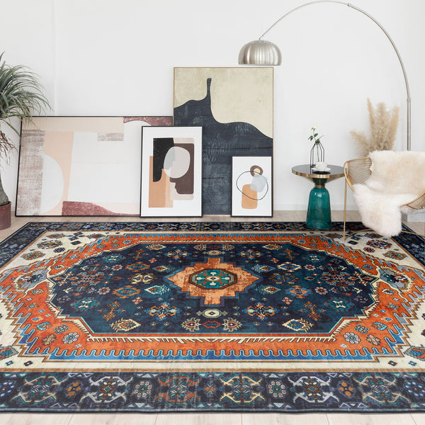 Flash Deal Extra Large Floor Rug Sapphire Blue Orange Beautiful Vintage Plush Carpet Machine Washable