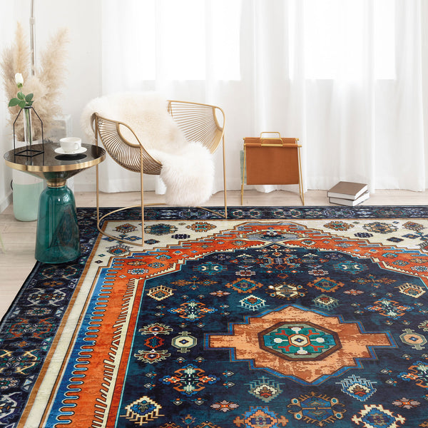 Flash Deal Extra Large Floor Rug Sapphire Blue Orange Beautiful Vintage Plush Carpet Machine Washable