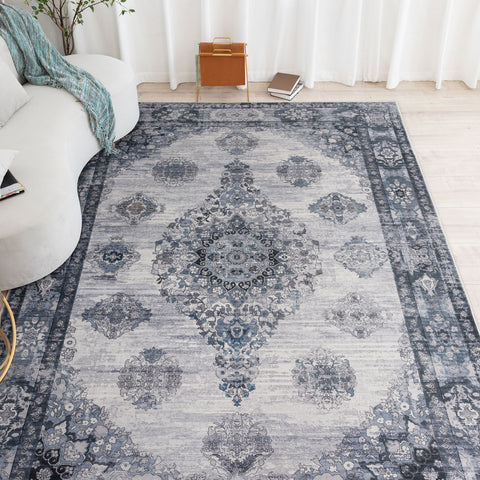 Extra Large Blue Grey Soft Beautiful Blossom Mandala Carpet Hallway Runner Washable Shaggy Rug