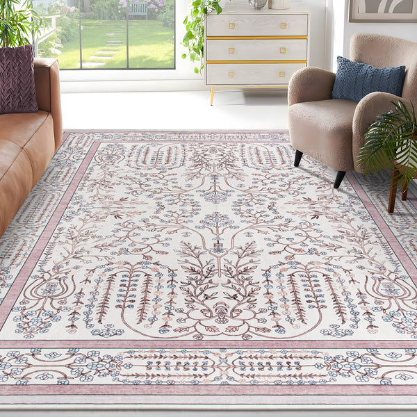 Extra Large Floor Rug Dusty Rose Pink  Beautiful Vines Machine Washable Carpet Non Slip Soft Hallway Rug