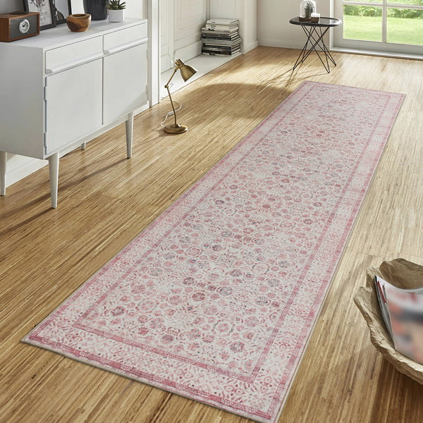 Pink Hallway Runner Machine Washable Non Slip Rug Beautiful Mandala Mat 80x300cm