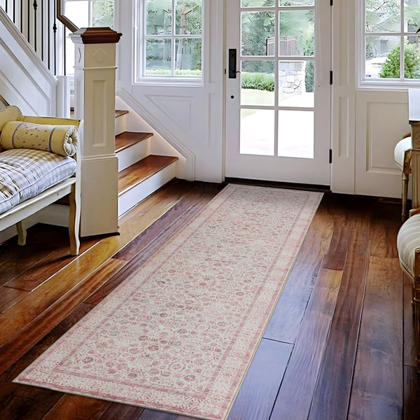 Pink Hallway Runner Machine Washable Non Slip Rug Beautiful Mandala Mat 80x300cm
