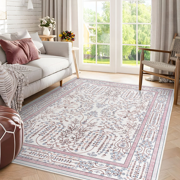 Extra Large Floor Rug Dusty Rose Pink  Beautiful Vines Machine Washable Carpet Non Slip Soft Hallway Rug