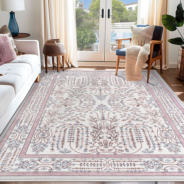 Extra Large Floor Rug Dusty Rose Pink  Beautiful Vines Machine Washable Carpet Non Slip Soft Hallway Rug