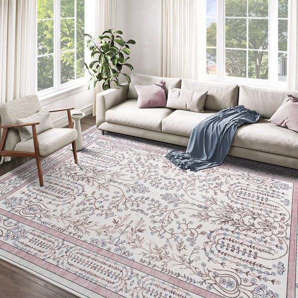 Extra Large Floor Rug Dusty Rose Pink  Beautiful Vines Machine Washable Carpet Non Slip Soft Hallway Rug