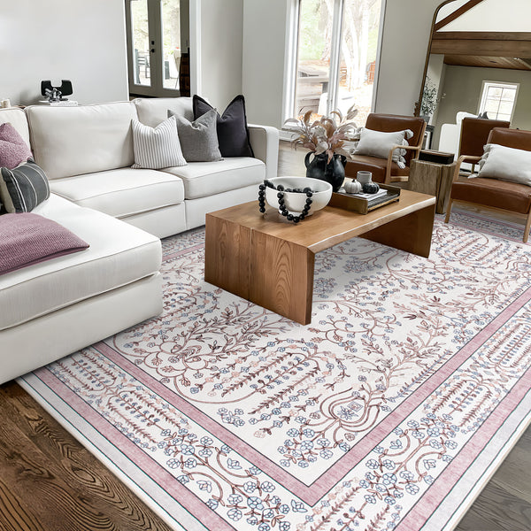 Extra Large Floor Rug Dusty Rose Pink  Beautiful Vines Machine Washable Carpet Non Slip Soft Hallway Rug