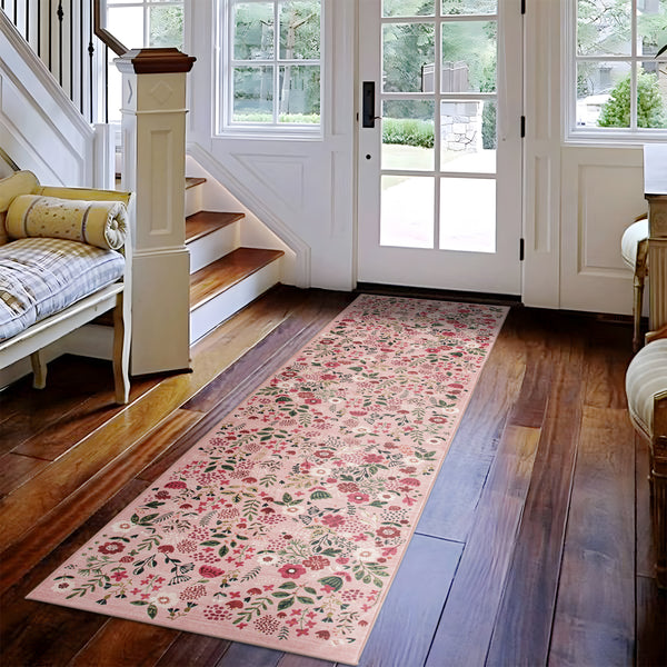 Peach Pink Hallway Runner Machine Washable Jungle Pattern Rugs Non Slip Rug Mat 80x300cm