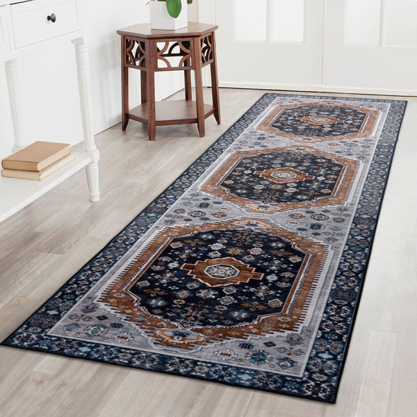 Clearance Extra Large Rug Dark Blue Brown Soft Plush Vintage Machine Washable Carpet Hallway Runner 6 Sizes