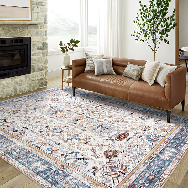 Flash Deal Extra Large Rug Navy Blue Ivory Beautiful Vintage Traditional Carpet Machine Washable