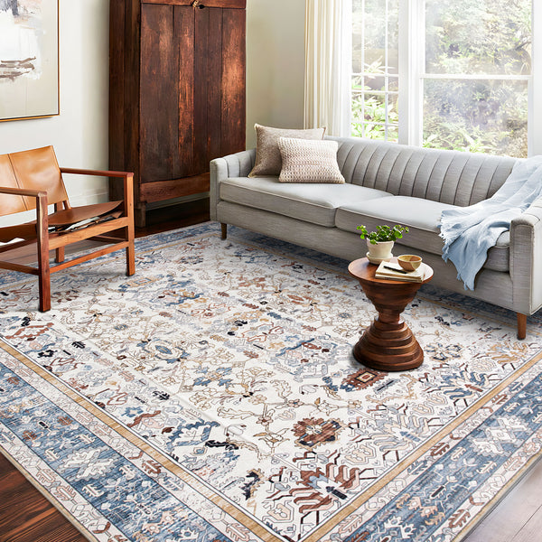 Flash Deal Extra Large Rug Navy Blue Ivory Beautiful Vintage Traditional Carpet Machine Washable