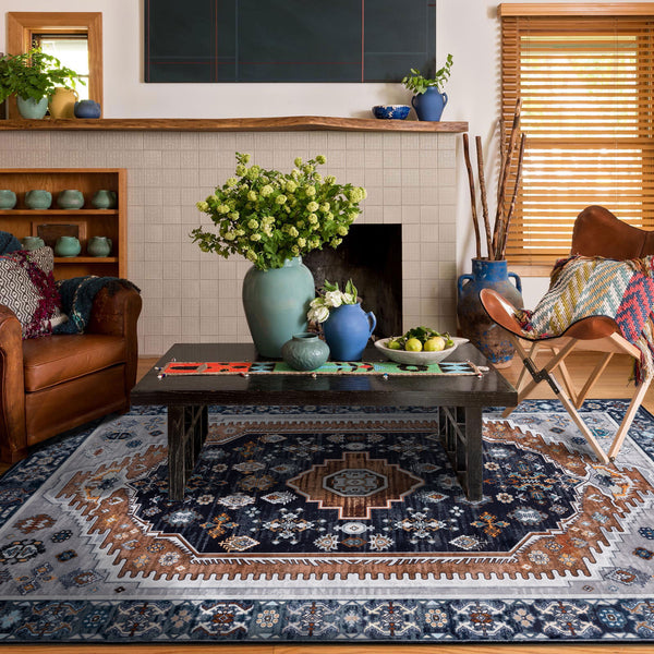 Clearance Extra Large Rug Dark Blue Brown Soft Plush Vintage Machine Washable Carpet Hallway Runner 6 Sizes