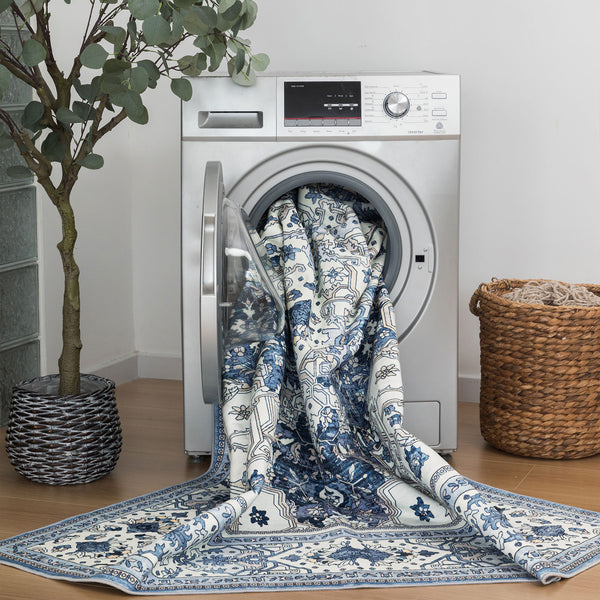 Extra Large Floor Rug Coastal Theme Charming Blue Soft Plush Non Slip Traditional Retro Lounges Machine Washable Mat