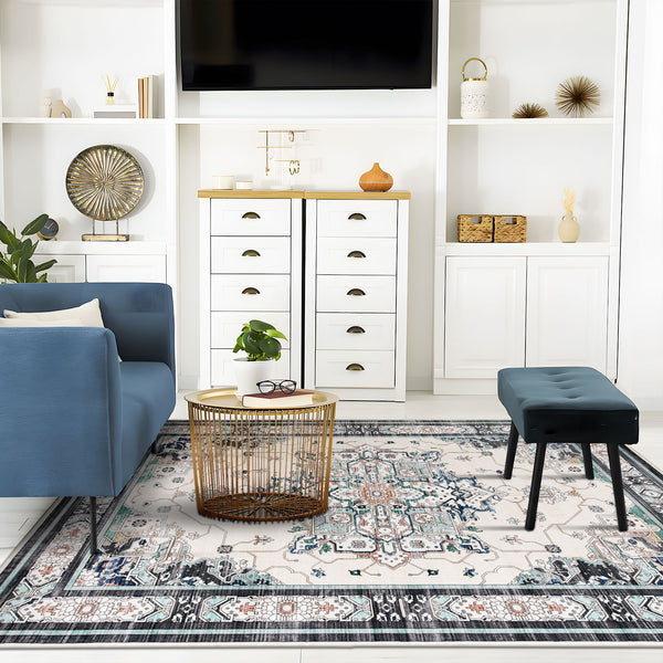 Clearance Extra Large Area Rug Teal Turquoise Blue Ivory Vintage Retro Carpet Machine Washable Lounges Mat