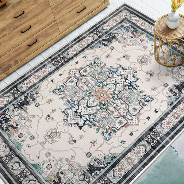 Clearance Extra Large Area Rug Teal Turquoise Blue Ivory Vintage Retro Carpet Machine Washable Lounges Mat