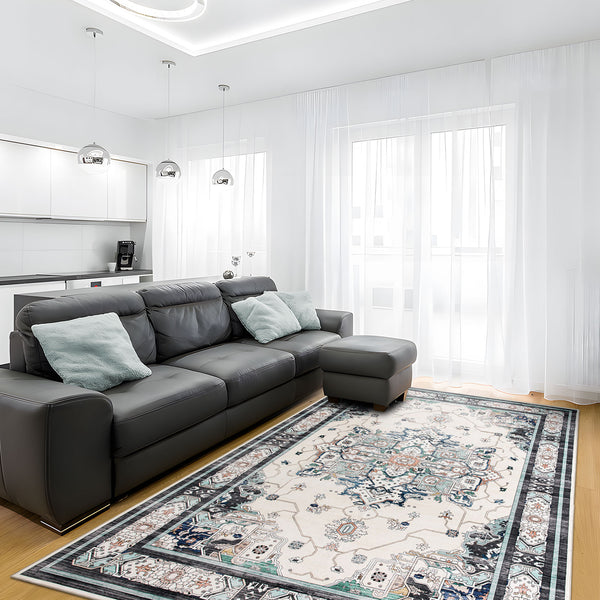 Clearance Extra Large Area Rug Teal Turquoise Blue Ivory Vintage Retro Carpet Machine Washable Lounges Mat