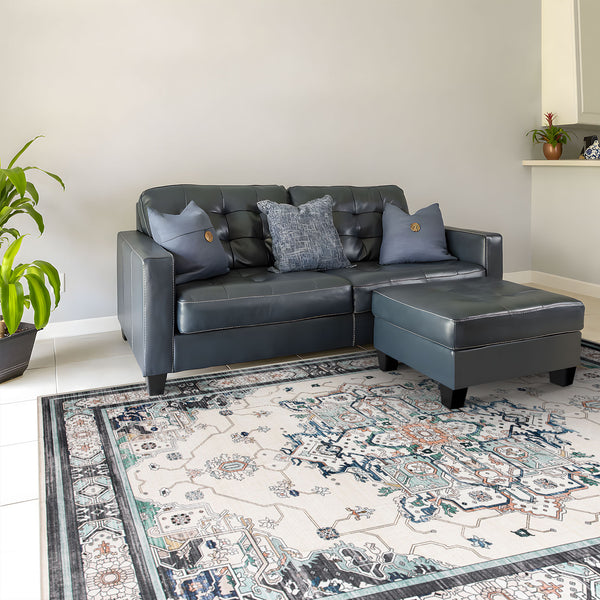 Clearance Extra Large Area Rug Teal Turquoise Blue Ivory Vintage Retro Carpet Machine Washable Lounges Mat