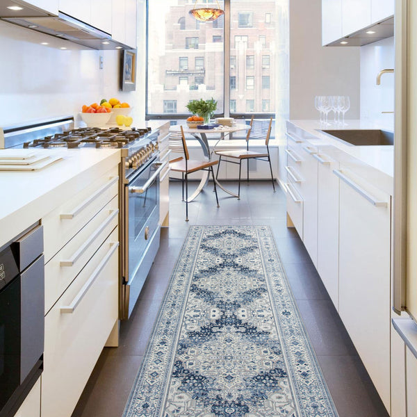 Blue Ivory Hallway Runner Beautiful Persian Entry Way Rug Washable 80x300cm