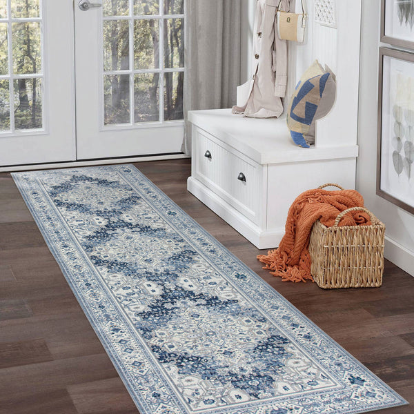 Blue Ivory Hallway Runner Beautiful Persian Entry Way Rug Washable 80x300cm