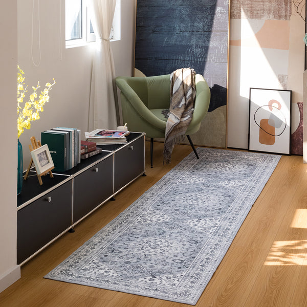 Dusty Blue Hallway Runner Plush Allover Machine Washable Carpet Non Slip Mat 80x300cm