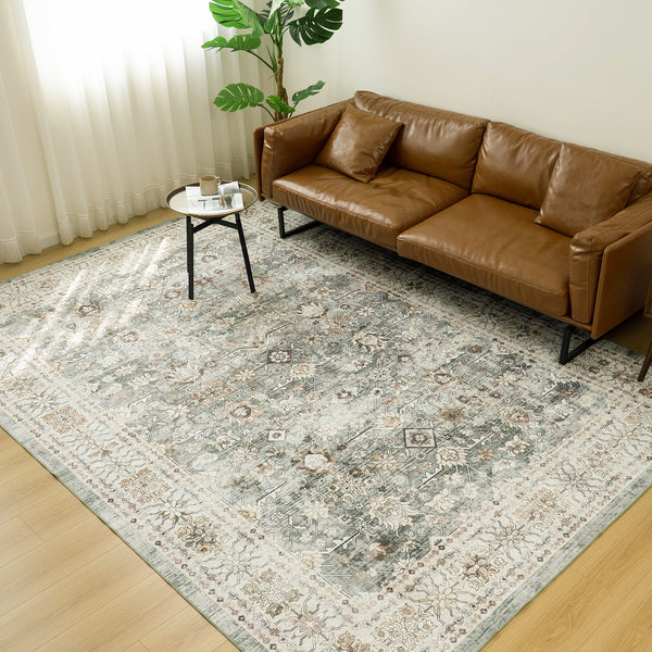 Extra Large Floor Rug Sage Green Distressed Retro Lounges Carpet Machine Washable Rugs