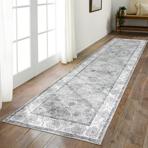 Silver Grey Hallway Runner Neutral Scandinavian Distressed Rug 80x300cm - Rugaustralia