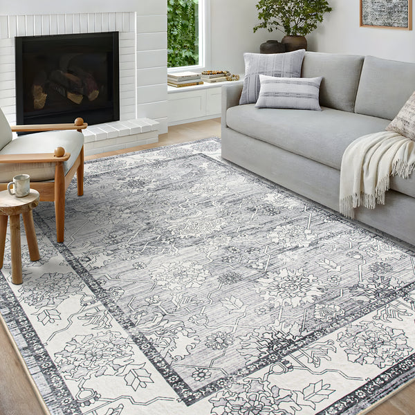 Extra Large Rug Silver Grey Neutral Distressed Lounges Carpet Runner Mat Machine Washable
