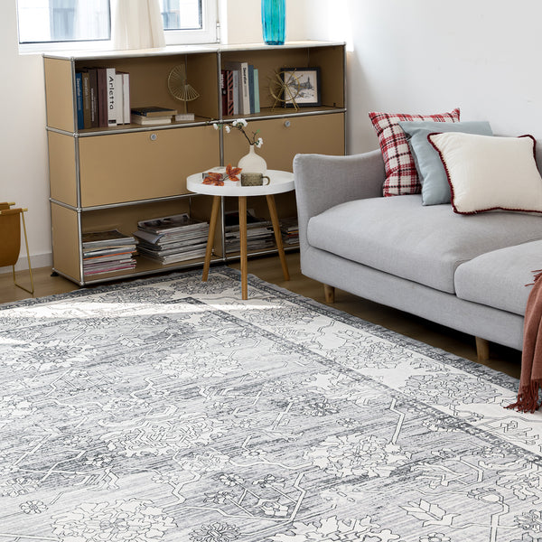 Extra Large Rug Silver Grey Neutral Distressed Lounges Carpet Runner Mat Machine Washable