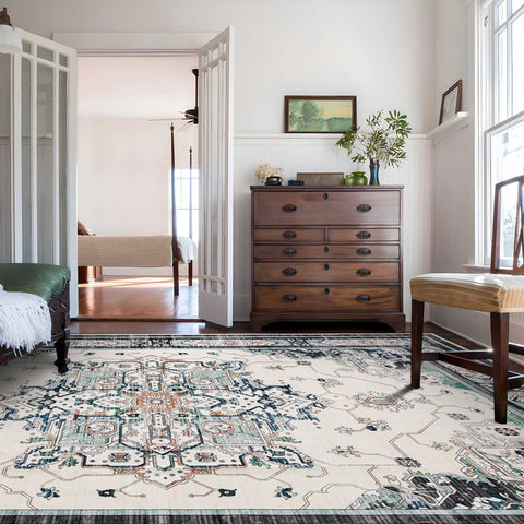 Extra Large Area Rug Teal Turquoise Blue Ivory Vintage Retro Carpet Machine Washable Lounges Mat