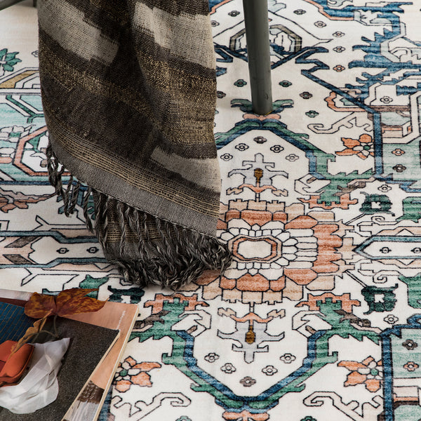 Clearance Extra Large Area Rug Teal Turquoise Blue Ivory Vintage Retro Carpet Machine Washable Lounges Mat