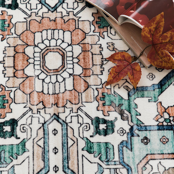 Clearance Extra Large Area Rug Teal Turquoise Blue Ivory Vintage Retro Carpet Machine Washable Lounges Mat