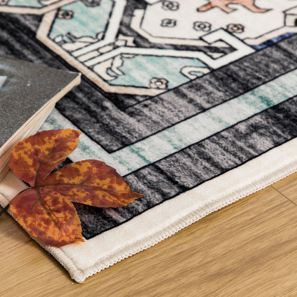 Clearance Extra Large Area Rug Teal Turquoise Blue Ivory Vintage Retro Carpet Machine Washable Lounges Mat