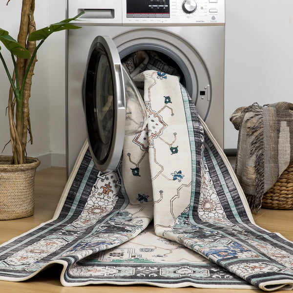 Clearance Extra Large Area Rug Teal Turquoise Blue Ivory Vintage Retro Carpet Machine Washable Lounges Mat