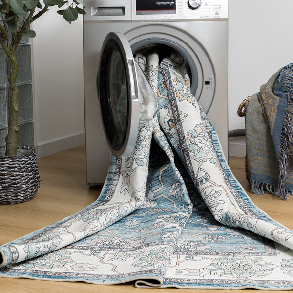 Extra Large Rug Light Blue Peony Distressed Classic Lounges Carpet Runner Machine Washable