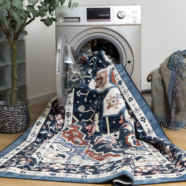 Extra Large Floor Rug Stunning Navy Blue  Allover Plush Non Slip Traditional Vintage Lounges Machine Washable Mat