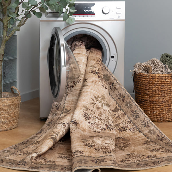 Extra Large Rug Brown Beige Bouquet Allover Neutral Modern Carpet Machine Washable Mat