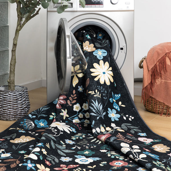 Extra Large Rug Black Multi Flower Soft Botanical Carpet Machine Washable Runner Mat