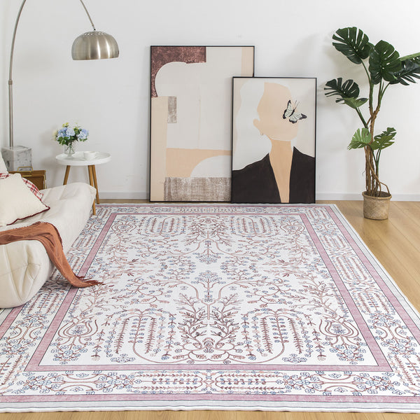 Extra Large Floor Rug Dusty Rose Pink  Beautiful Vines Machine Washable Carpet Non Slip Soft Hallway Rug