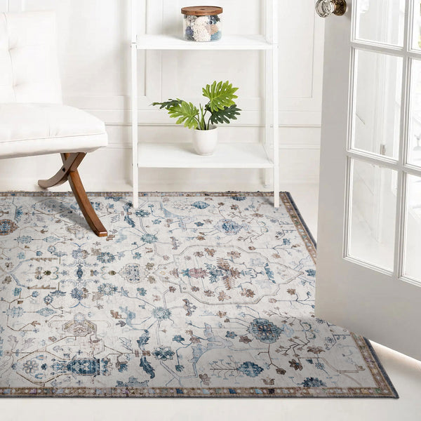 Clearance Extra Large Floor Rug Beige Beautiful Distressed Floral Carpet Soft Runner Rugs Washable