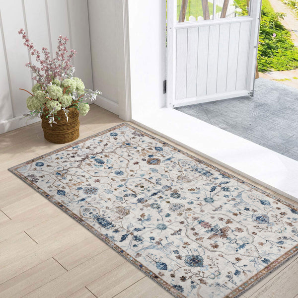 Clearance Extra Large Floor Rug Beige Beautiful Distressed Floral Carpet Soft Runner Rugs Washable