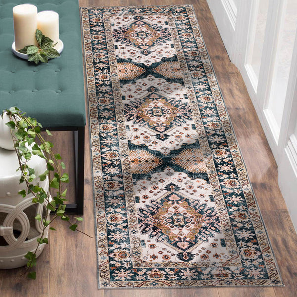 Extra Large Rugs Blue Pink Soft Distressed Vintage Traditional Carpet Hall Runner Machine Washable
