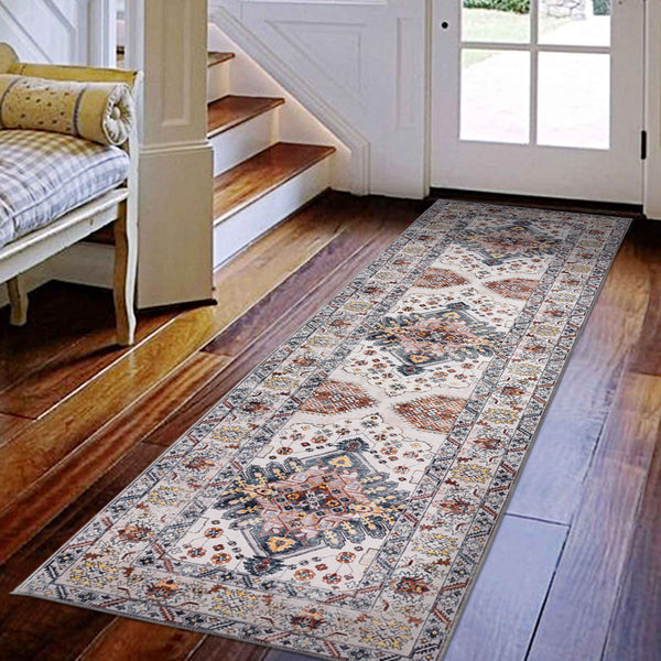 Hallway Runner Ivory Gold Non Slip Allover Blossom Entrance Rug Carpet Washable 80x300cm