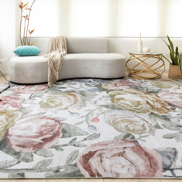 Clearance Extra Large Pastel Pink Rug Rose Bloom FLoral Modern Carpet Hallway Runner Rugs Machine Washable