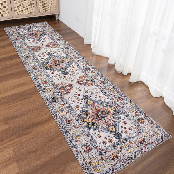 Hallway Runner Ivory Gold Non Slip Allover Blossom Entrance Rug Carpet Washable 80x300cm
