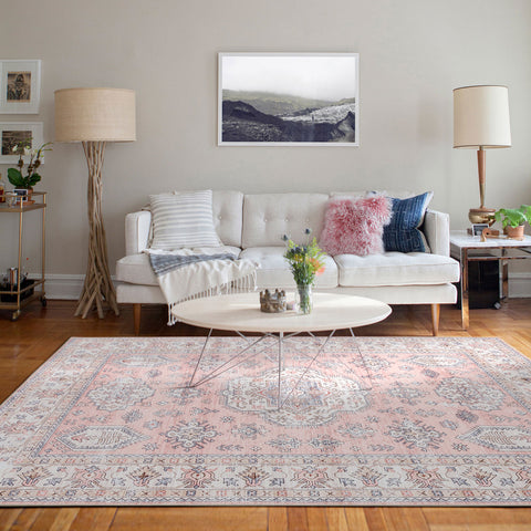 Flash Deal Extra Large Rug Pastels Pink Beautiful Tribal High Traffic Machine Washable Dense Carpet 6 Sizes