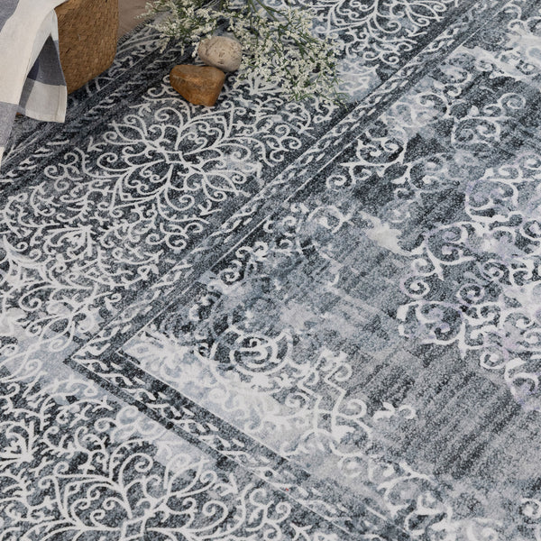 Silver Grey Hall Way Runner Rug Beautiful Distressed Entry Way Carpet Washable 80x300cm