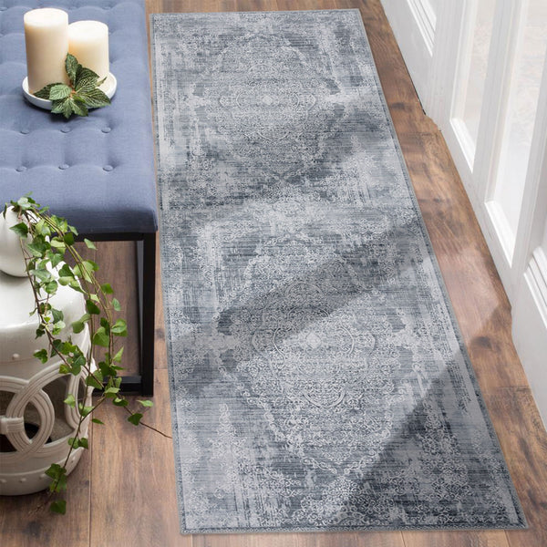 Silver Grey Hall Way Runner Rug Beautiful Distressed Entry Way Carpet Washable 80x300cm